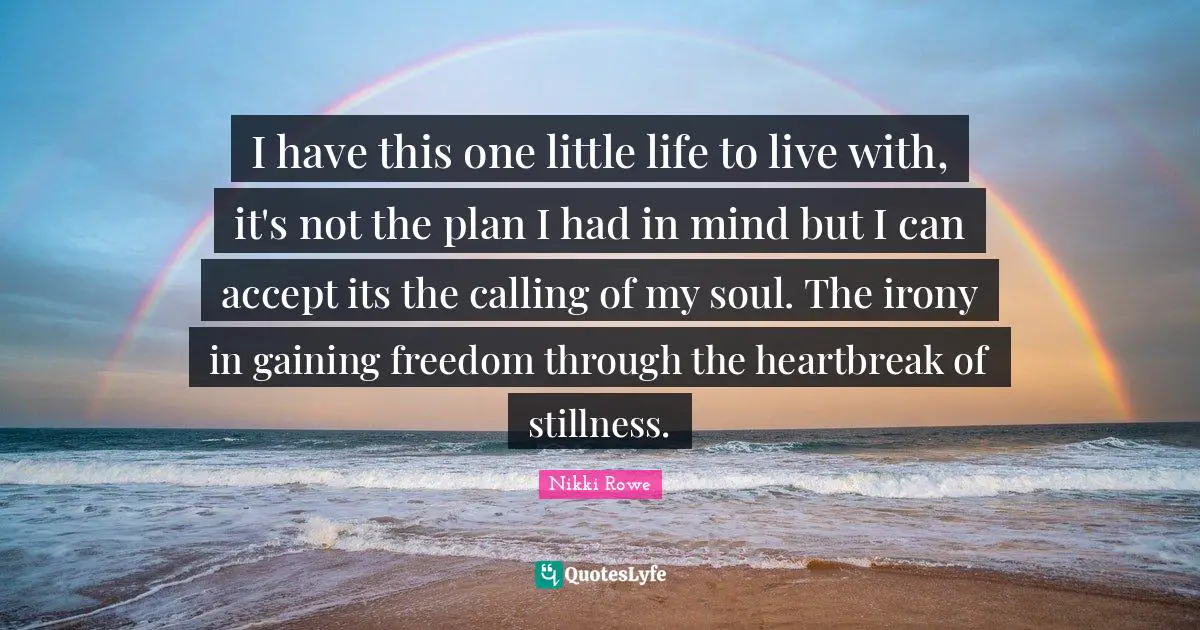 I have this one little life to live with, it's not the plan I had in mind but I can accept its the calling of my soul. The irony in gaining freedom through the heartbreak of stillness.
