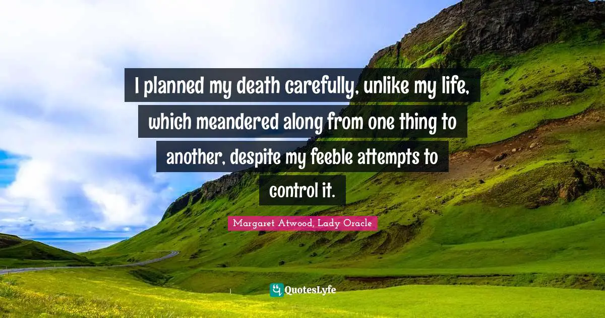 I planned my death carefully, unlike my life, which meandered along from one thing to another, despite my feeble attempts to control it.