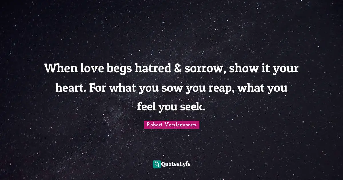 When love begs hatred & sorrow, show it your heart. For what you sow you reap, what you feel you seek.