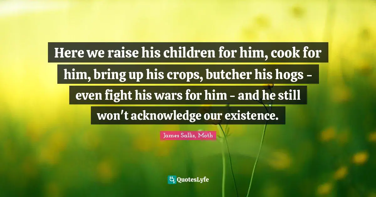 Here we raise his children for him, cook for him, bring up his crops, butcher his hogs - even fight his wars for him - and he still won't acknowledge our existence.