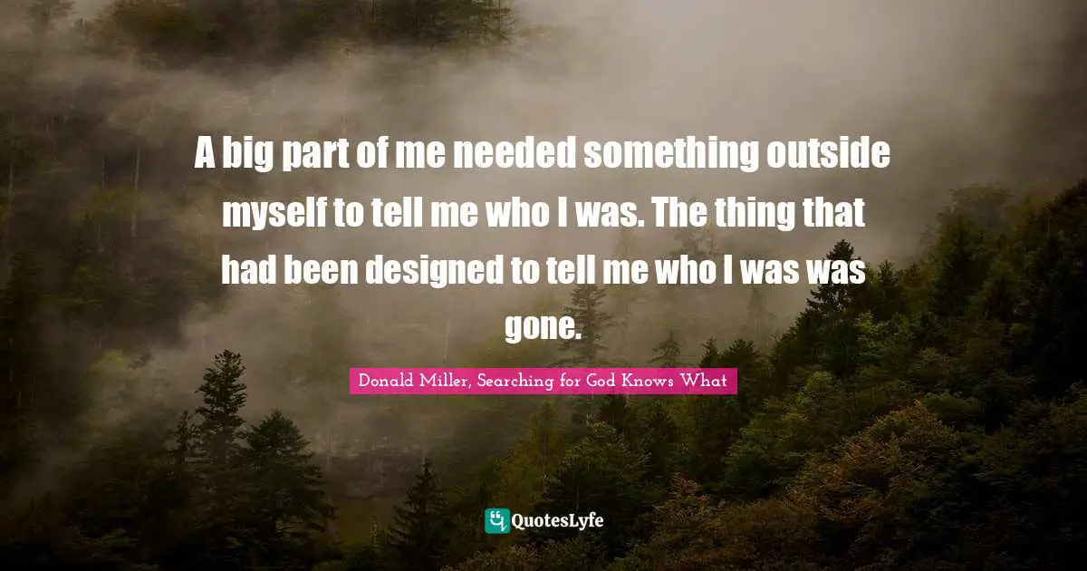 Donald Miller, Searching For God Knows What Quotes: "A big part of me needed something outside myself to tell me who I was. The thing that had been designed to tell me who I was was gone."
