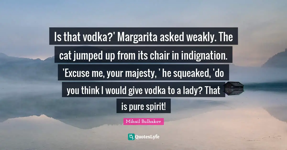 Is that vodka?' Margarita asked weakly. The cat jumped up from its chair in indignation. 'Excuse me, your majesty, ' he squeaked, 'do you think I would give vodka to a lady? That is pure spirit!