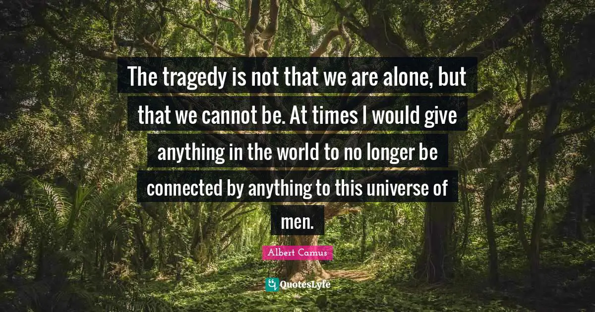 The tragedy is not that we are alone, but that we cannot be. At times I would give anything in the world to no longer be connected by anything to this universe of men.