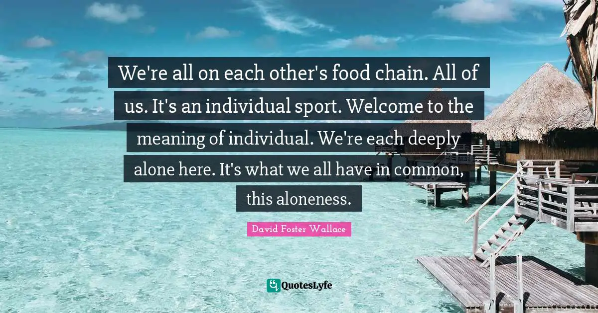 We're all on each other's food chain. All of us. It's an individual sport. Welcome to the meaning of individual. We're each deeply alone here. It's what we all have in common, this aloneness.
