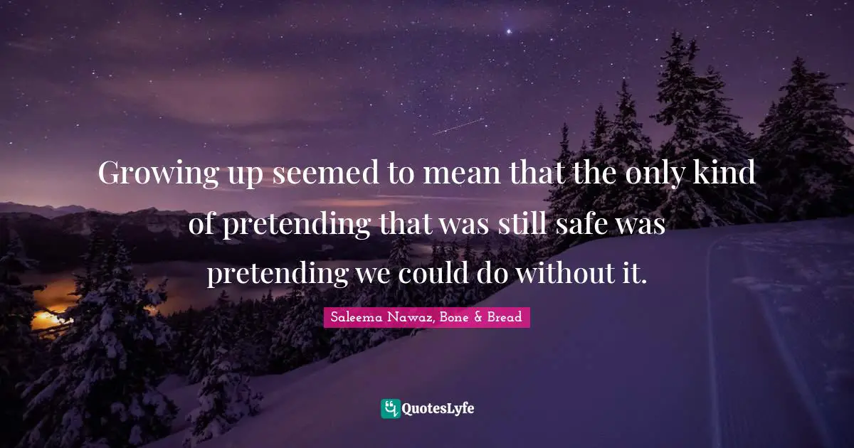 Growing up seemed to mean that the only kind of pretending that was still safe was pretending we could do without it.