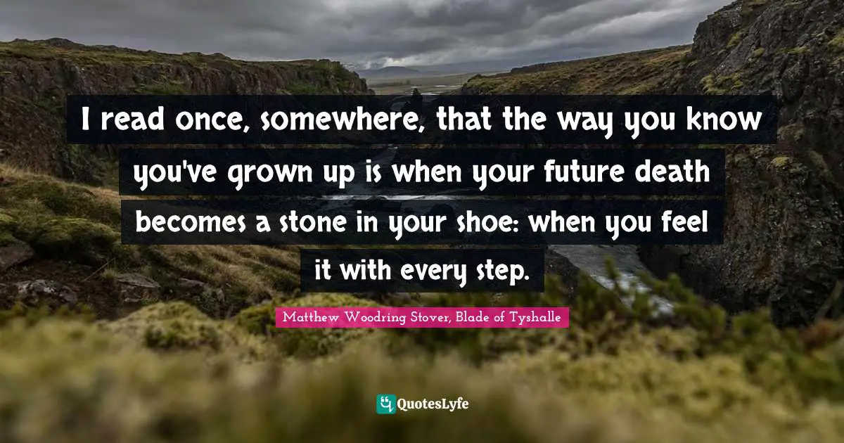 I read once, somewhere, that the way you know you've grown up is when your future death becomes a stone in your shoe: when you feel it with every step.