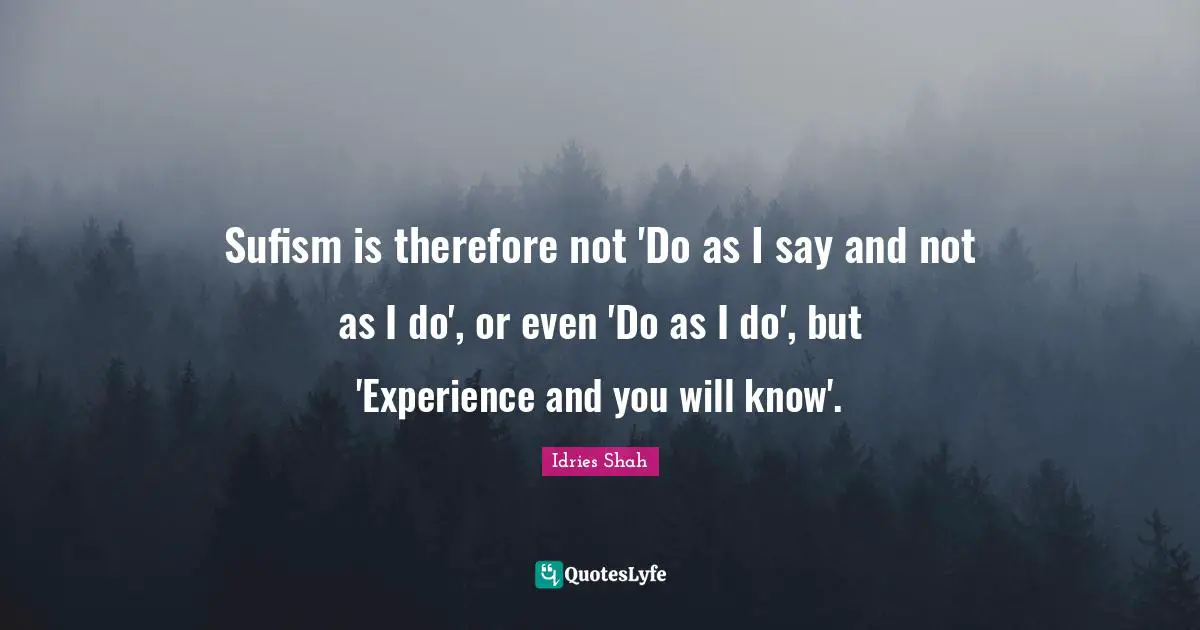 Sufism is therefore not 'Do as I say and not as I do', or even 'Do as I do', but 'Experience and you will know'.