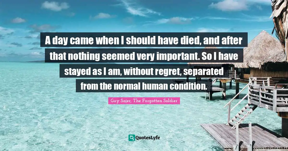 A day came when I should have died, and after that nothing seemed very important. So I have stayed as I am, without regret, separated from the normal human condition.