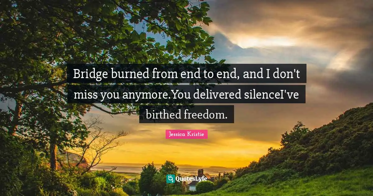 Bridge burned from end to end, and I don't miss you anymore.You delivered silenceI've birthed freedom.