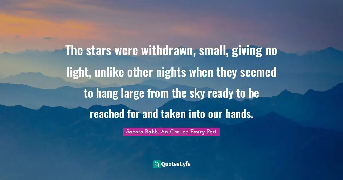 The stars were withdrawn, small, giving no light, unlike other nights when they seemed to hang large from the sky ready to be reached for and taken into our hands.