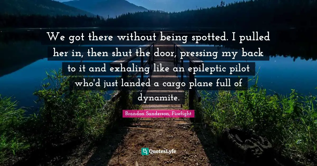 Stealth Quotes: "We got there without being spotted. I pulled her in, then shut the door, pressing my back to it and exhaling like an epileptic pilot who'd just landed a cargo plane full of dynamite."