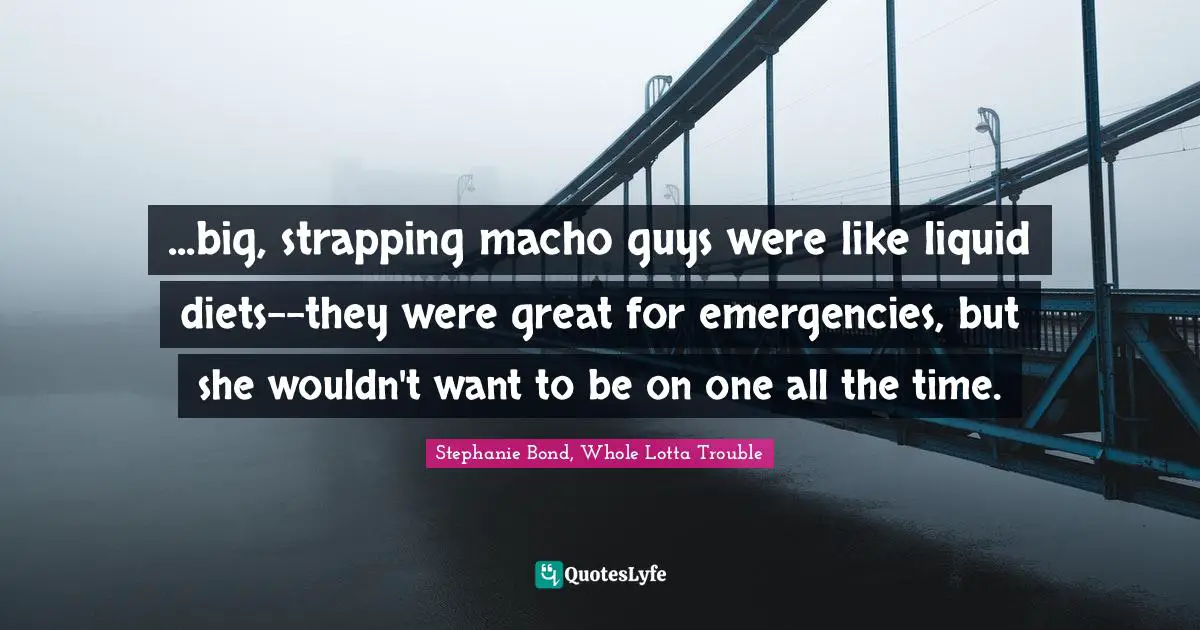 ...big, strapping macho guys were like liquid diets--they were great for emergencies, but she wouldn't want to be on one all the time.