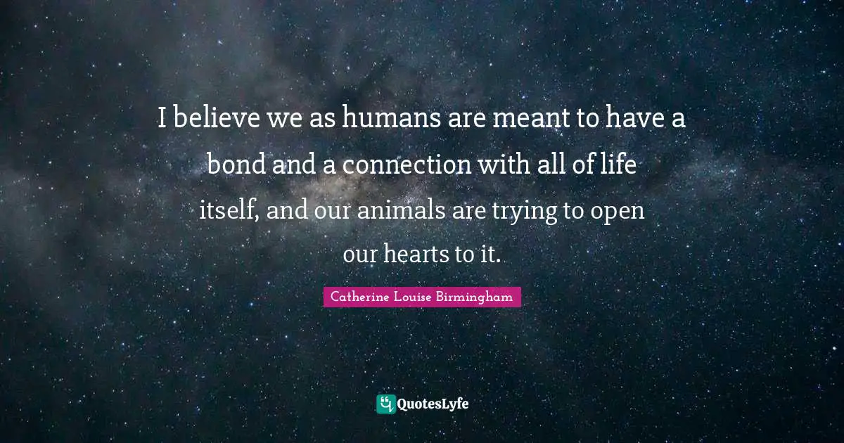 Catherine Louise Birmingham Quotes: "I believe we as humans are meant to have a bond and a connection with all of life itself, and our animals are trying to open our hearts to it."