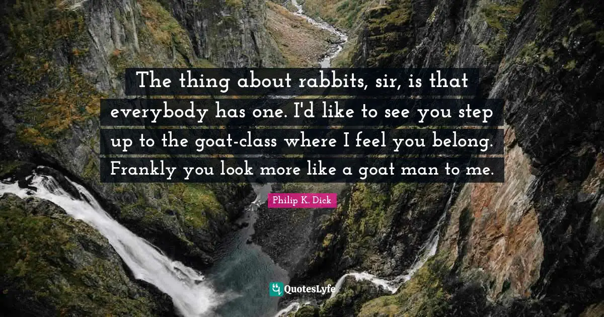 The thing about rabbits, sir, is that everybody has one. I'd like to see you step up to the goat-class where I feel you belong. Frankly you look more like a goat man to me.