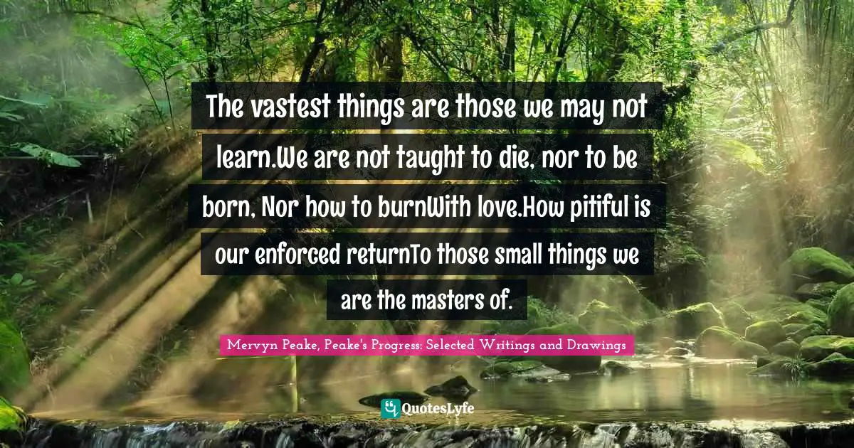 The vastest things are those we may not learn.We are not taught to die, nor to be born, Nor how to burnWith love.How pitiful is our enforced returnTo those small things we are the masters of.