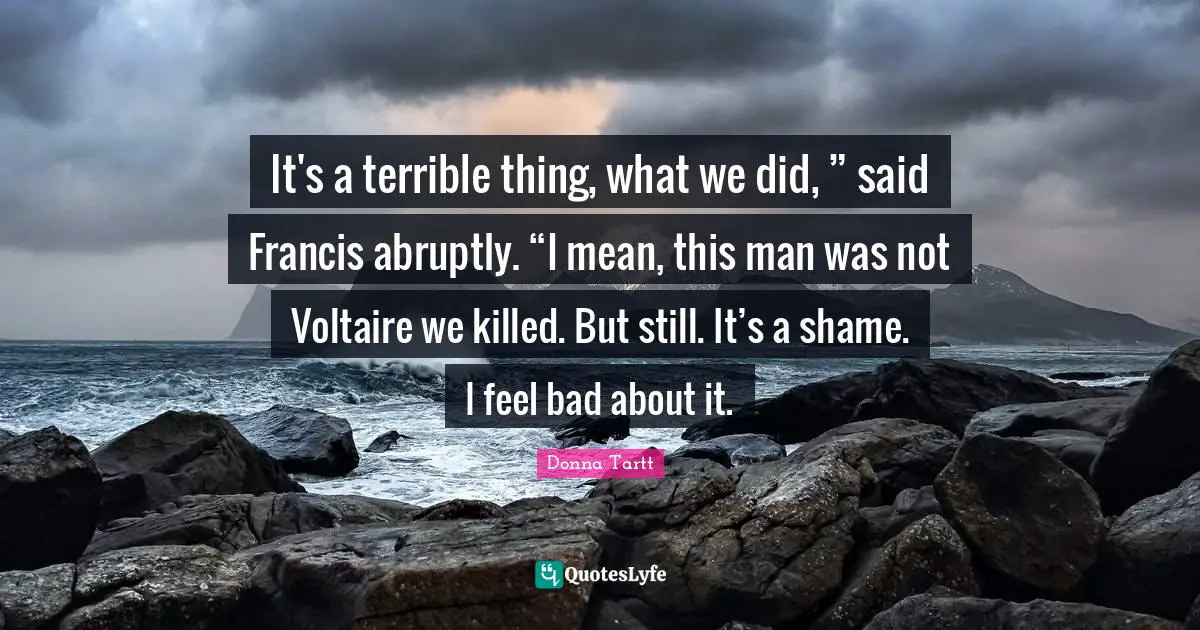 It's a terrible thing, what we did, ” said Francis abruptly. “I mean, this man was not Voltaire we killed. But still. It’s a shame. I feel bad about it.