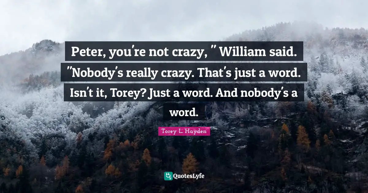 Peter, you're not crazy, " William said. "Nobody's really crazy. That's just a word. Isn't it, Torey? Just a word. And nobody's a word.