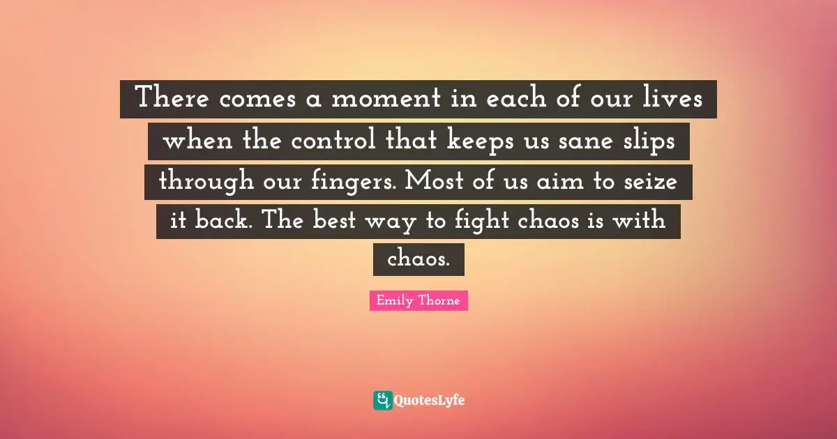 There comes a moment in each of our lives when the control that keeps us sane slips through our fingers. Most of us aim to seize it back. The best way to fight chaos is with chaos.