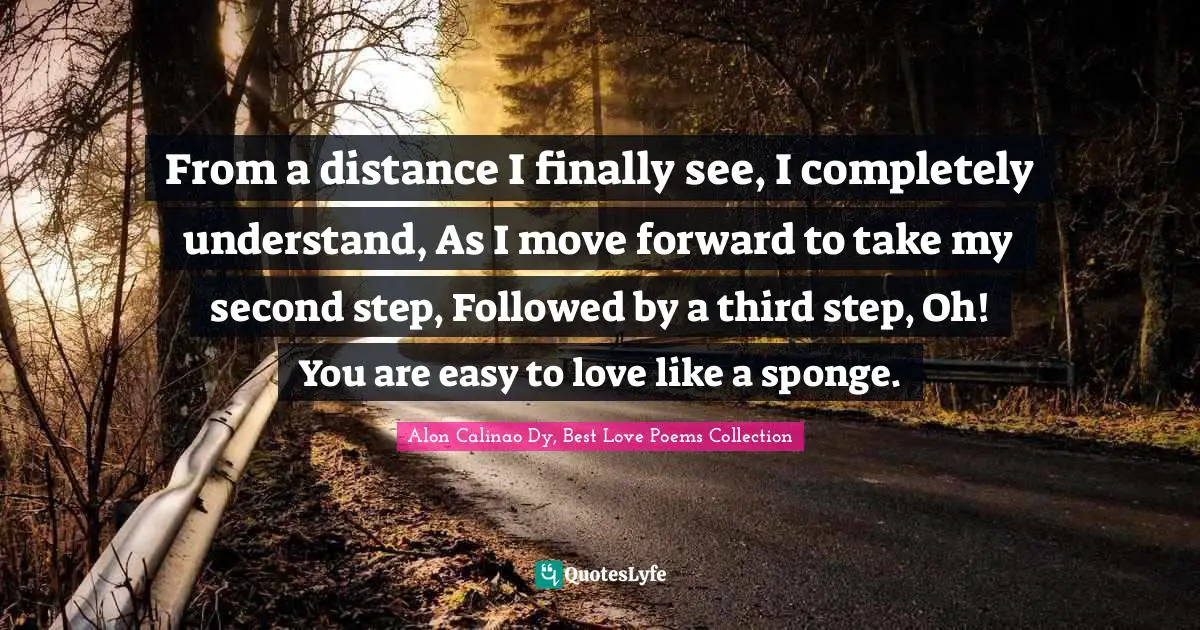 From a distance I finally see, I completely understand, As I move forward to take my second step, Followed by a third step, Oh! You are easy to love like a sponge.