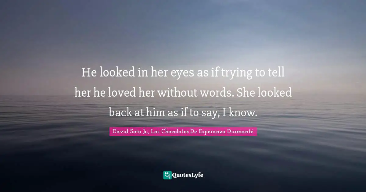He looked in her eyes as if trying to tell her he loved her without words. She looked back at him as if to say, I know.