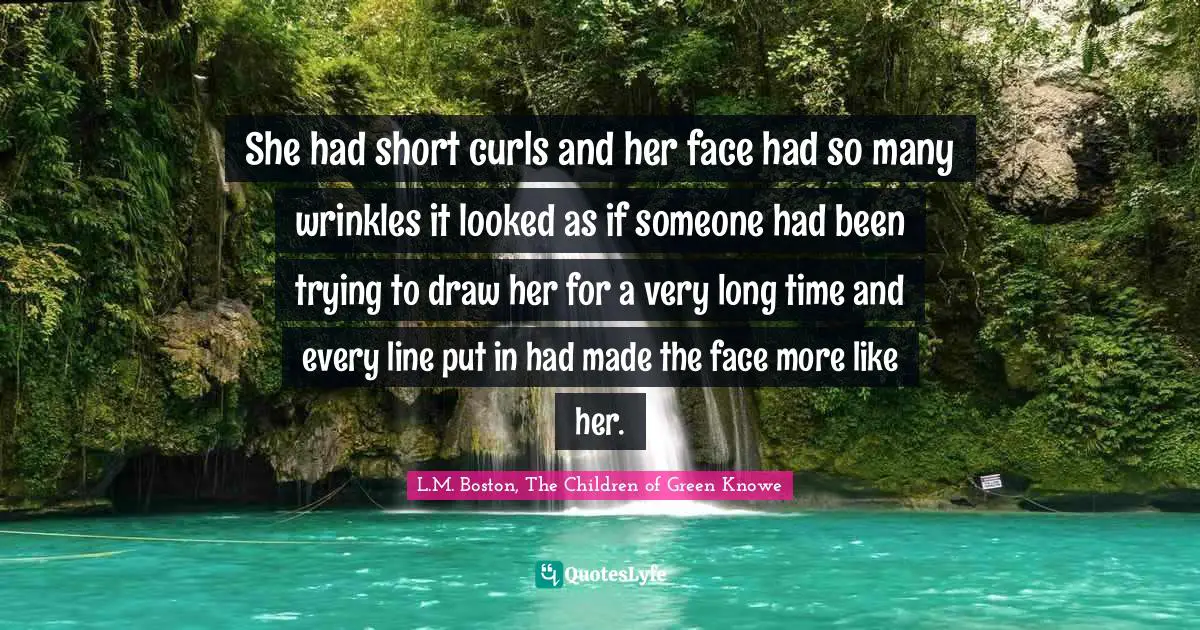 She had short curls and her face had so many wrinkles it looked as if someone had been trying to draw her for a very long time and every line put in had made the face more like her.