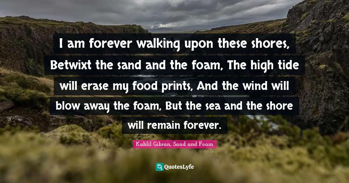 I am forever walking upon these shores, Betwixt the sand and the foam, The high tide will erase my food prints, And the wind will blow away the foam, But the sea and the shore will remain forever.