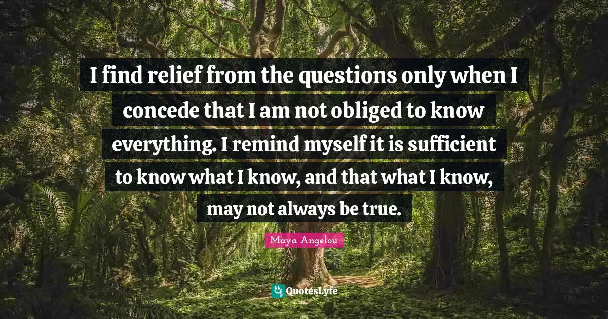 I find relief from the questions only when I concede that I am not obliged to know everything. I remind myself it is sufficient to know what I know, and that what I know, may not always be true.