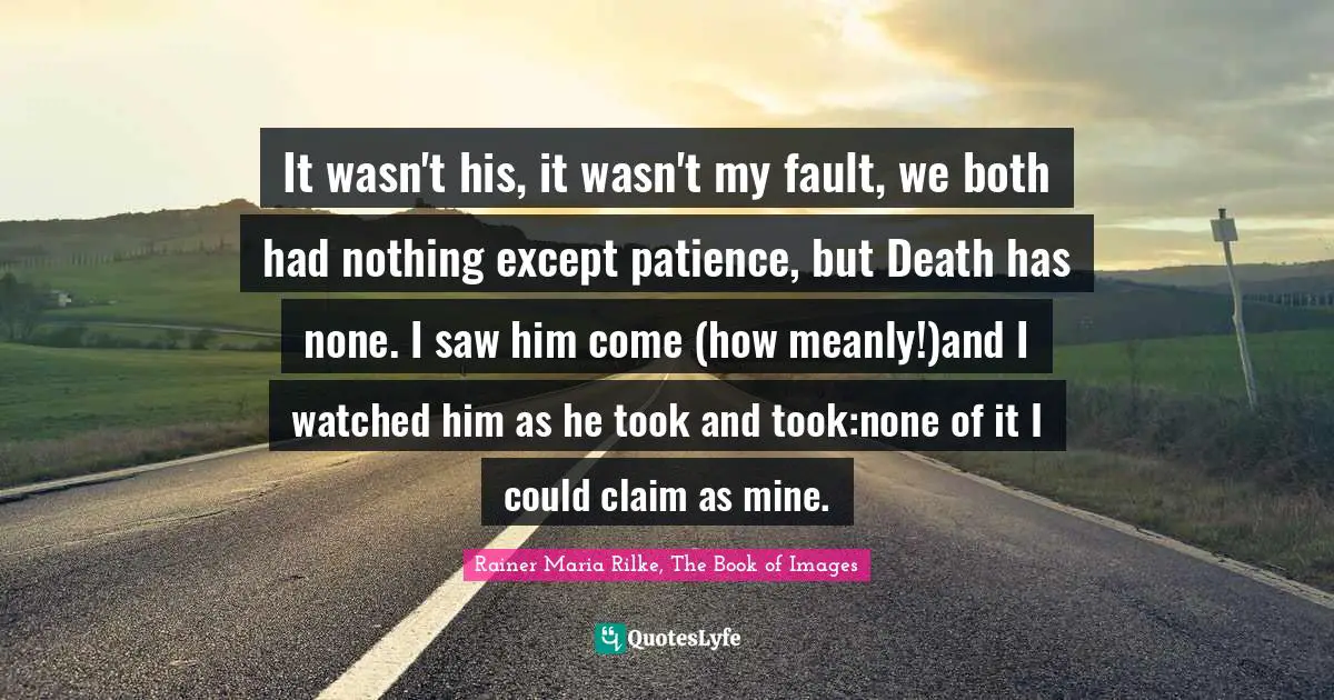 It wasn't his, it wasn't my fault, we both had nothing except patience, but Death has none. I saw him come (how meanly!)and I watched him as he took and took:none of it I could claim as mine.