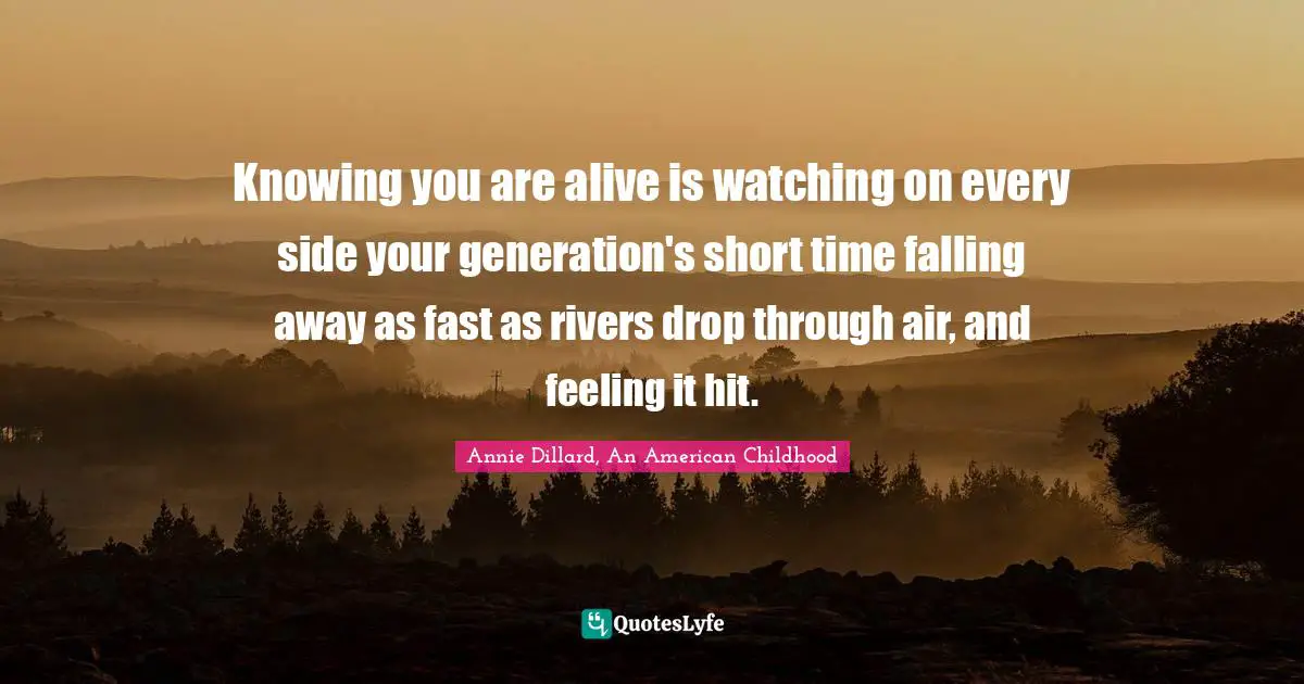Knowing you are alive is watching on every side your generation's short time falling away as fast as rivers drop through air, and feeling it hit.