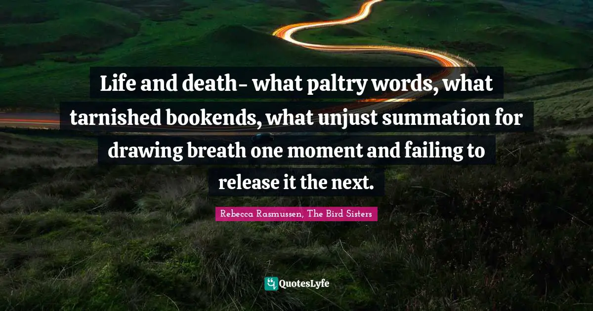 Life and death- what paltry words, what tarnished bookends, what unjust summation for drawing breath one moment and failing to release it the next.