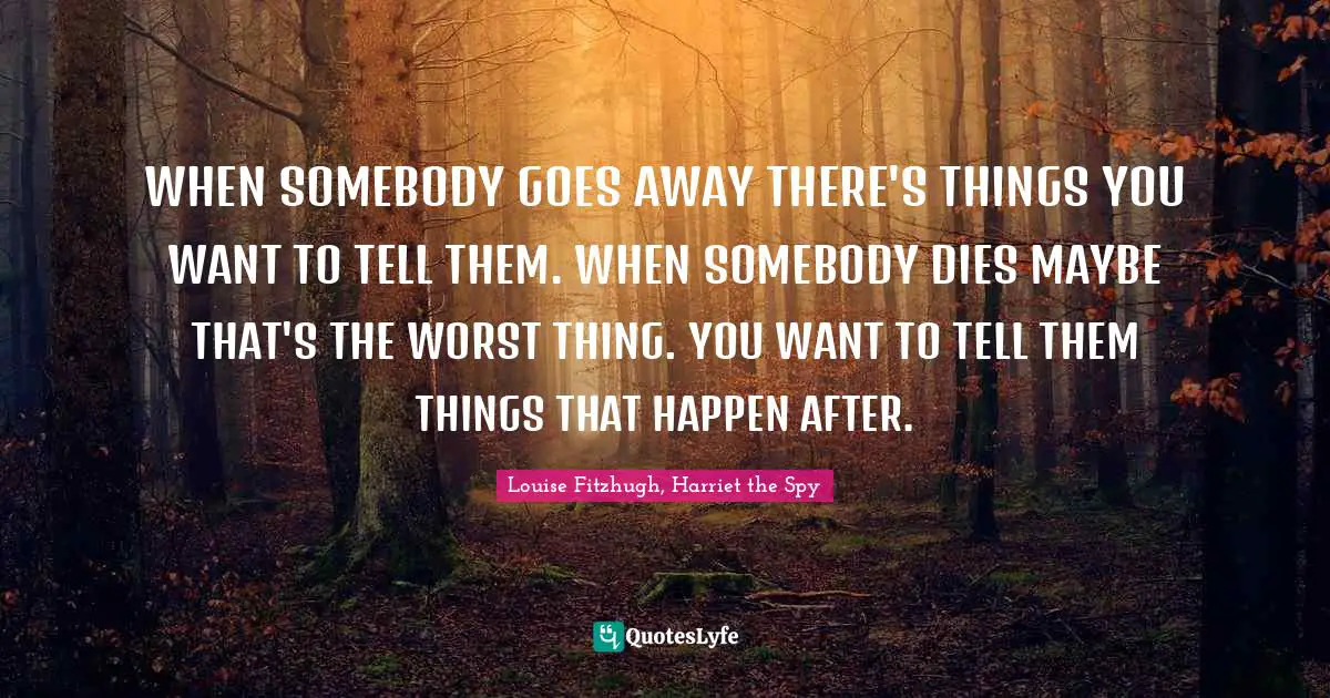 WHEN SOMEBODY GOES AWAY THERE'S THINGS YOU WANT TO TELL THEM. WHEN SOMEBODY DIES MAYBE THAT'S THE WORST THING. YOU WANT TO TELL THEM THINGS THAT HAPPEN AFTER.