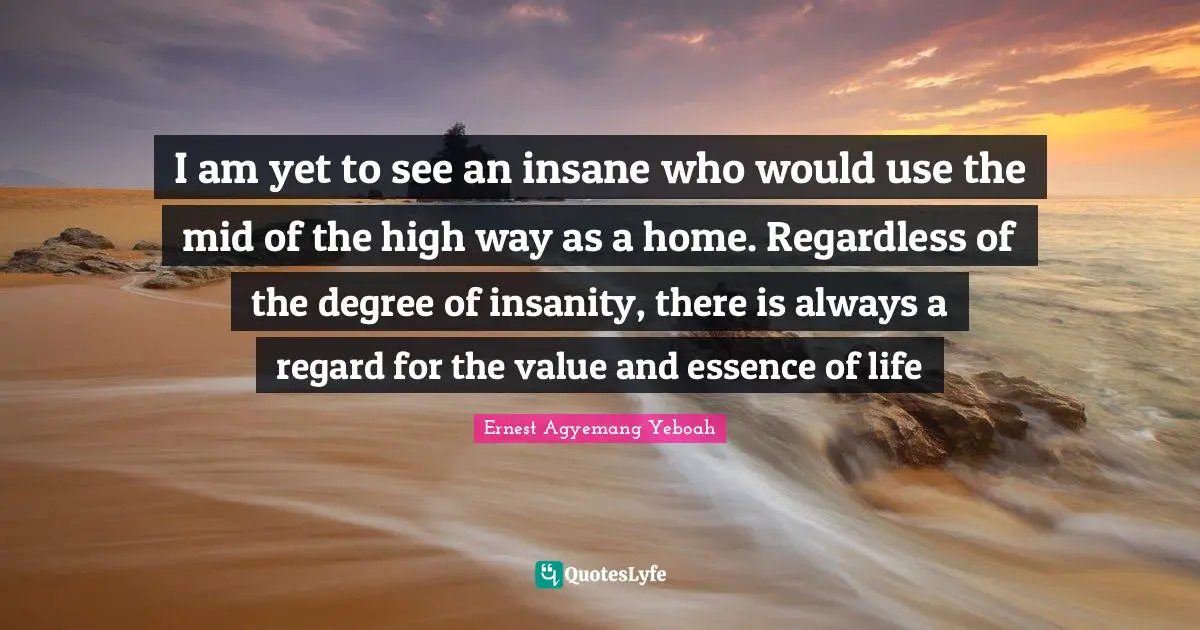 Ernest Agyemang Yeboah Quotes: I am yet to see an insane who would use the mid of the high way as a home. Regardless of the degree of insanity, there is always a regard for the value and essence of life