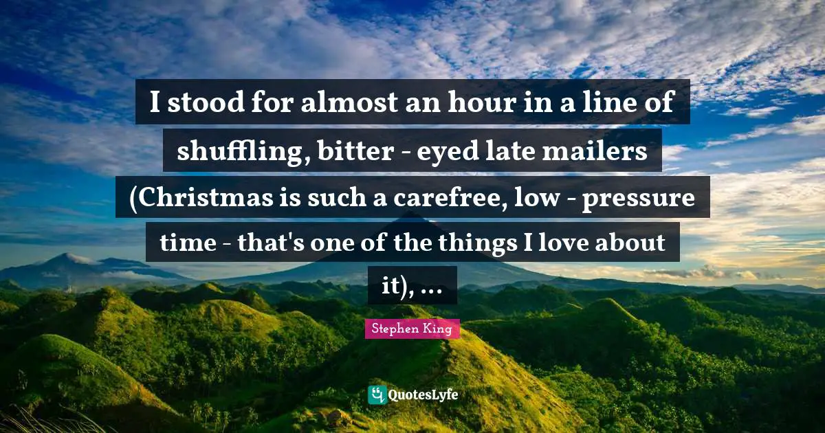 I stood for almost an hour in a line of shuffling, bitter - eyed late mailers (Christmas is such a carefree, low - pressure time - that's one of the things I love about it), ...