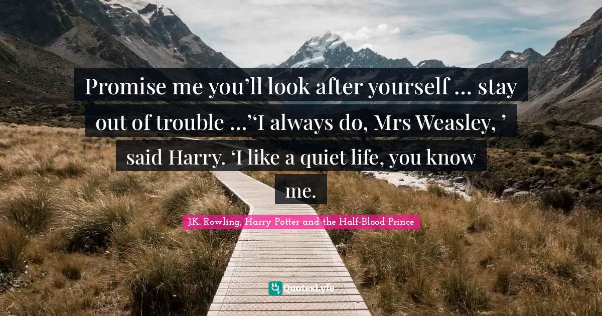 Promise me you’ll look after yourself … stay out of trouble …’‘I always do, Mrs Weasley, ’ said Harry. ‘I like a quiet life, you know me.