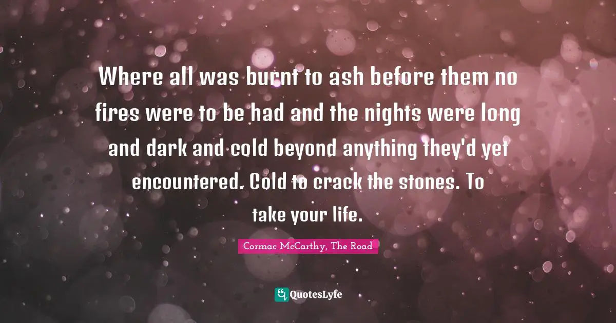 Where all was burnt to ash before them no fires were to be had and the nights were long and dark and cold beyond anything they'd yet encountered. Cold to crack the stones. To take your life.