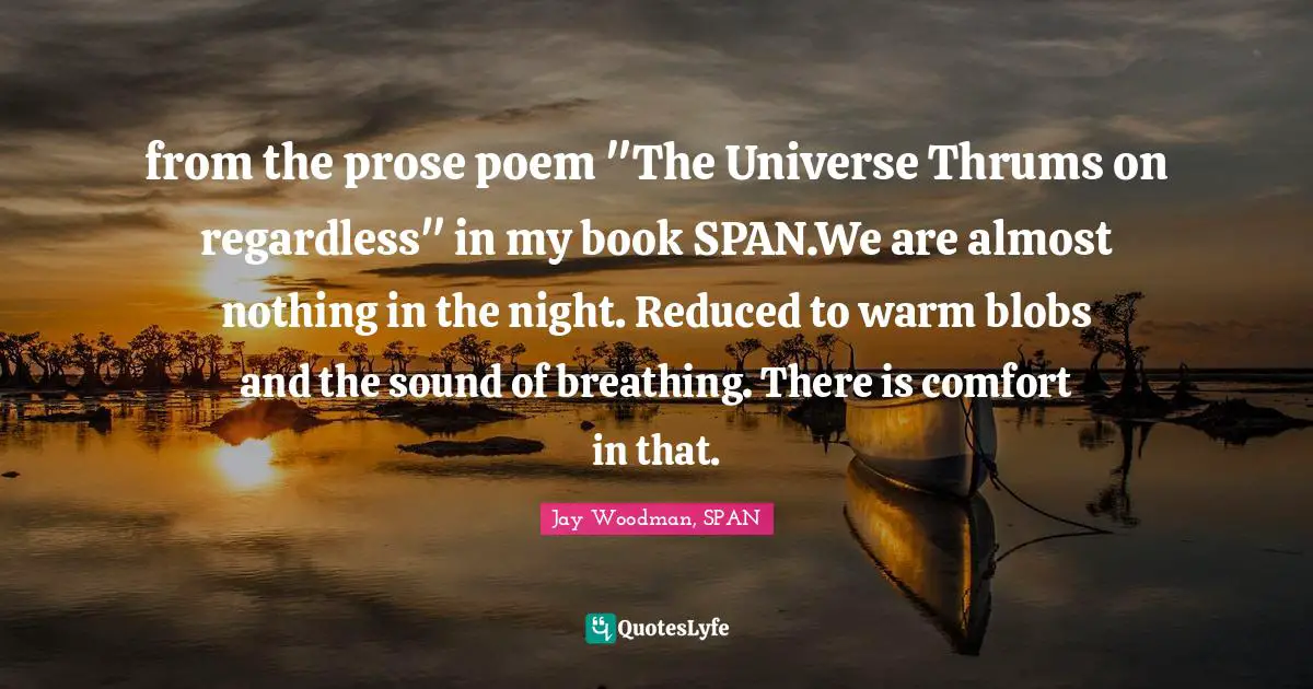 from the prose poem "The Universe Thrums on regardless" in my book SPAN.We are almost nothing in the night. Reduced to warm blobs and the sound of breathing. There is comfort in that.