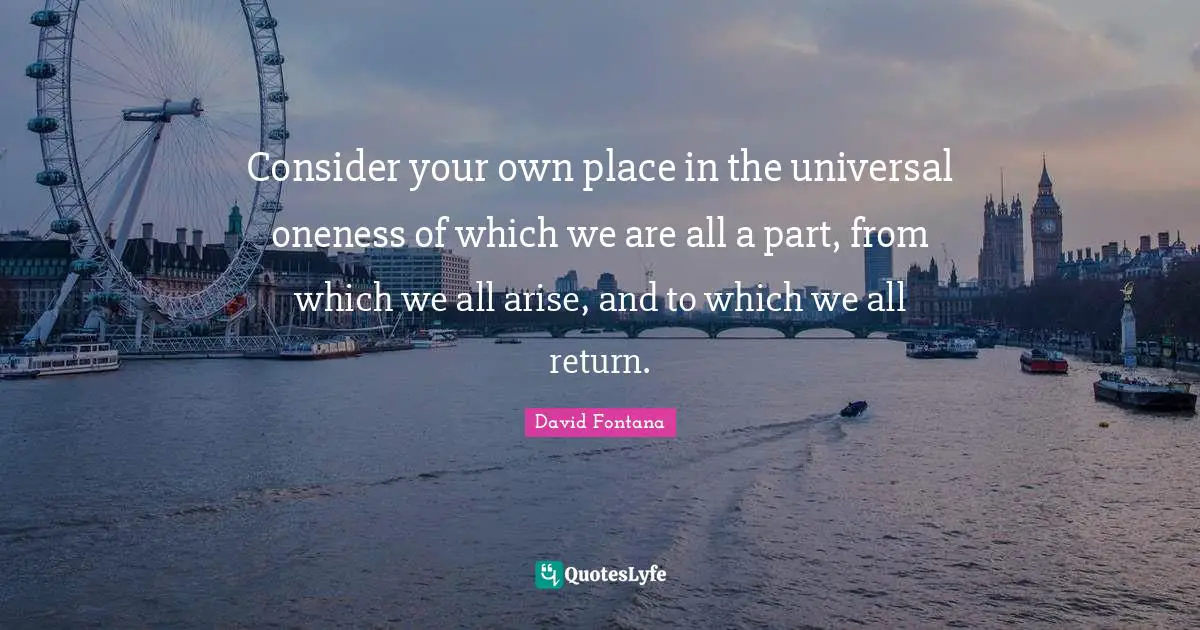 David Fontana Quotes: "Consider your own place in the universal oneness of which we are all a part, from which we all arise, and to which we all return."