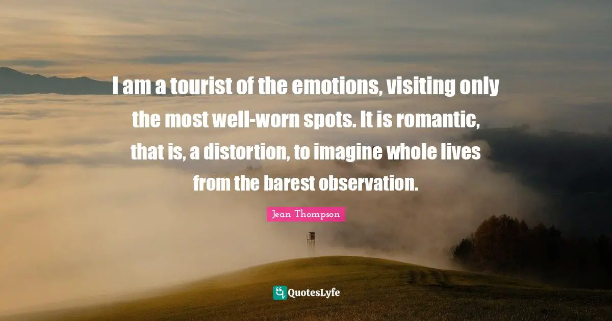 I am a tourist of the emotions, visiting only the most well-worn spots. It is romantic, that is, a distortion, to imagine whole lives from the barest observation.