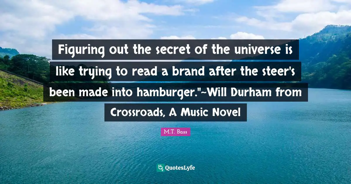 Figuring out the secret of the universe is like trying to read a brand after the steer's been made into hamburger."~Will Durham from Crossroads, A Music Novel