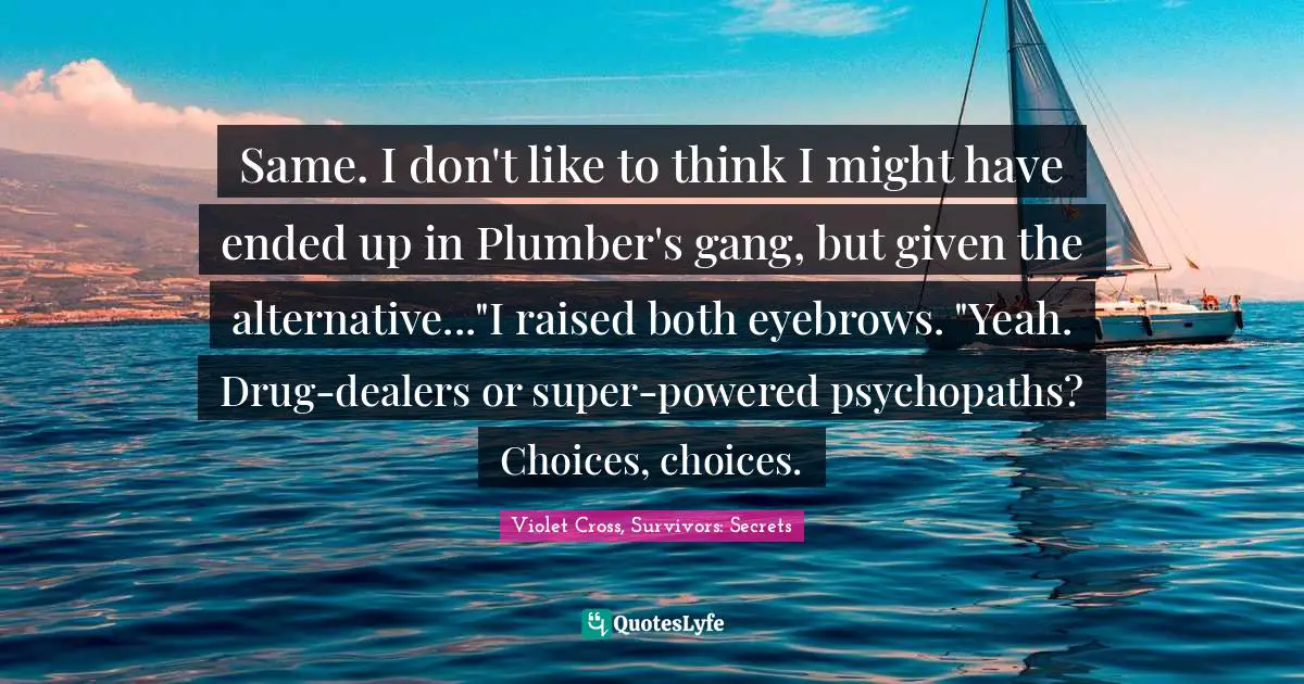 Same. I don't like to think I might have ended up in Plumber's gang, but given the alternative..."I raised both eyebrows. "Yeah. Drug-dealers or super-powered psychopaths? Choices, choices.