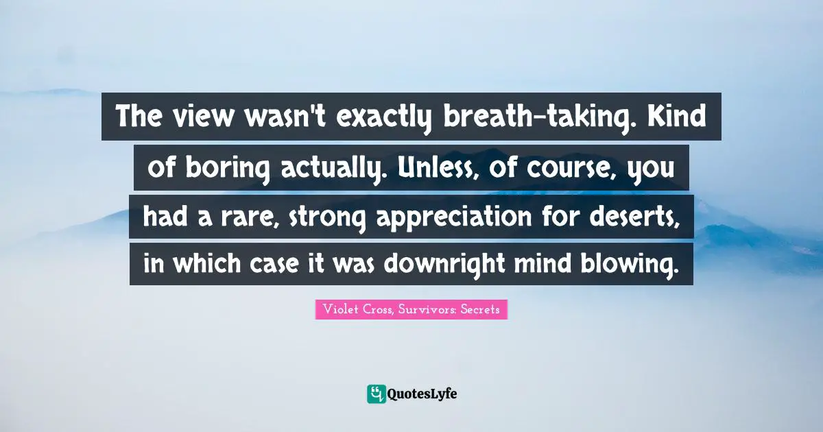 The view wasn't exactly breath-taking. Kind of boring actually. Unless, of course, you had a rare, strong appreciation for deserts, in which case it was downright mind blowing.