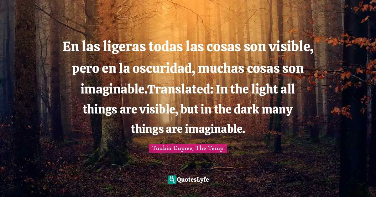En las ligeras todas las cosas son visible, pero en la oscuridad, muchas cosas son imaginable.Translated: In the light all things are visible, but in the dark many things are imaginable.