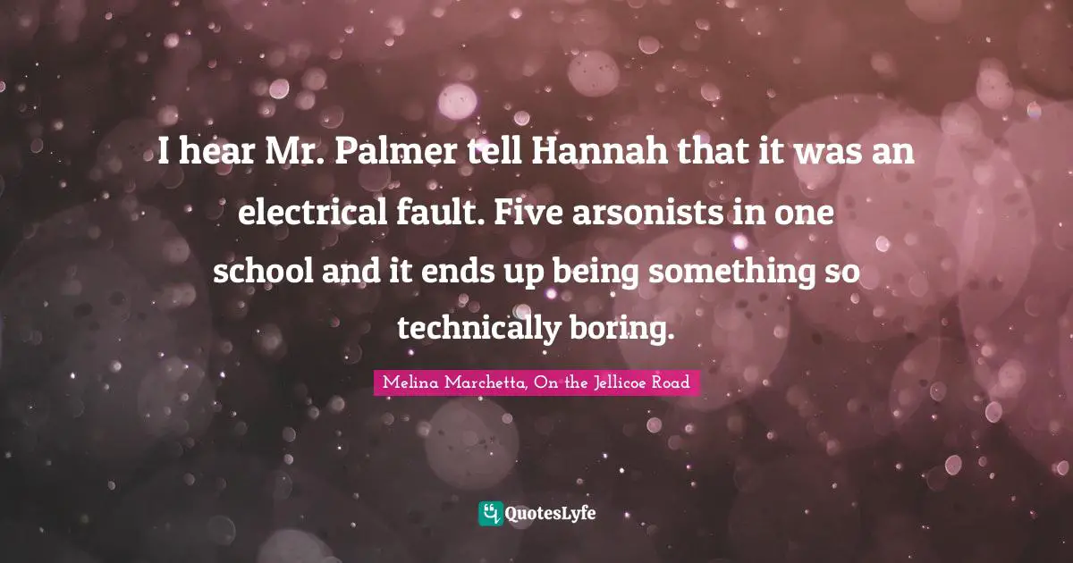 I hear Mr. Palmer tell Hannah that it was an electrical fault. Five arsonists in one school and it ends up being something so technically boring.