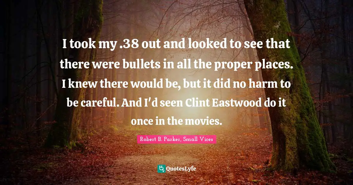 I took my .38 out and looked to see that there were bullets in all the proper places. I knew there would be, but it did no harm to be careful. And I'd seen Clint Eastwood do it once in the movies.