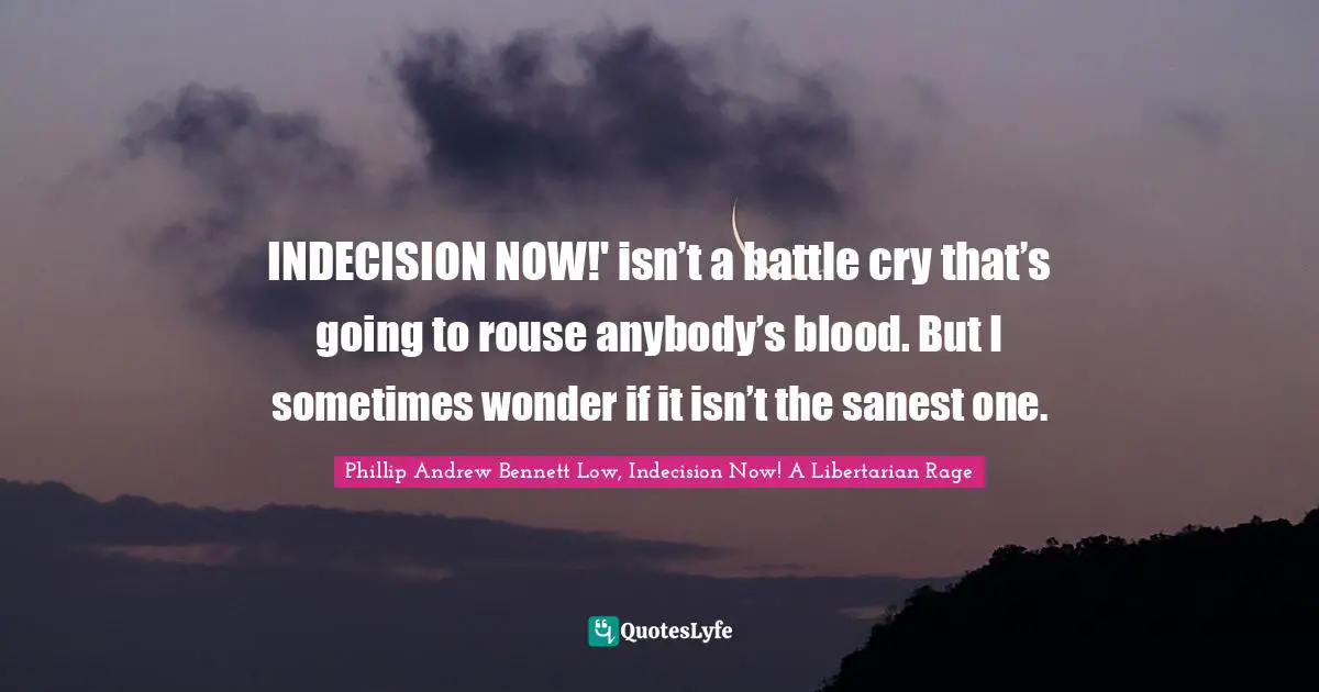 INDECISION NOW!' isn’t a battle cry that’s going to rouse anybody’s blood. But I sometimes wonder if it isn’t the sanest one.