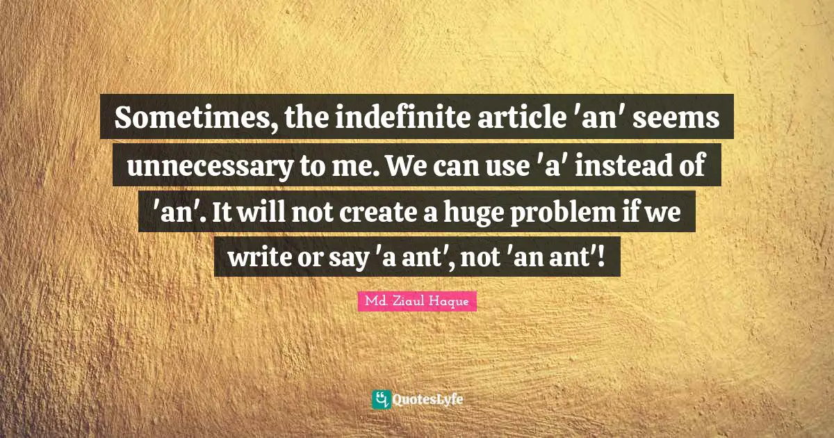 Article Quotes: "Sometimes, the indefinite article 'an' seems unnecessary to me. We can use 'a' instead of 'an'. It will not create a huge problem if we write or say 'a ant', not 'an ant'!"