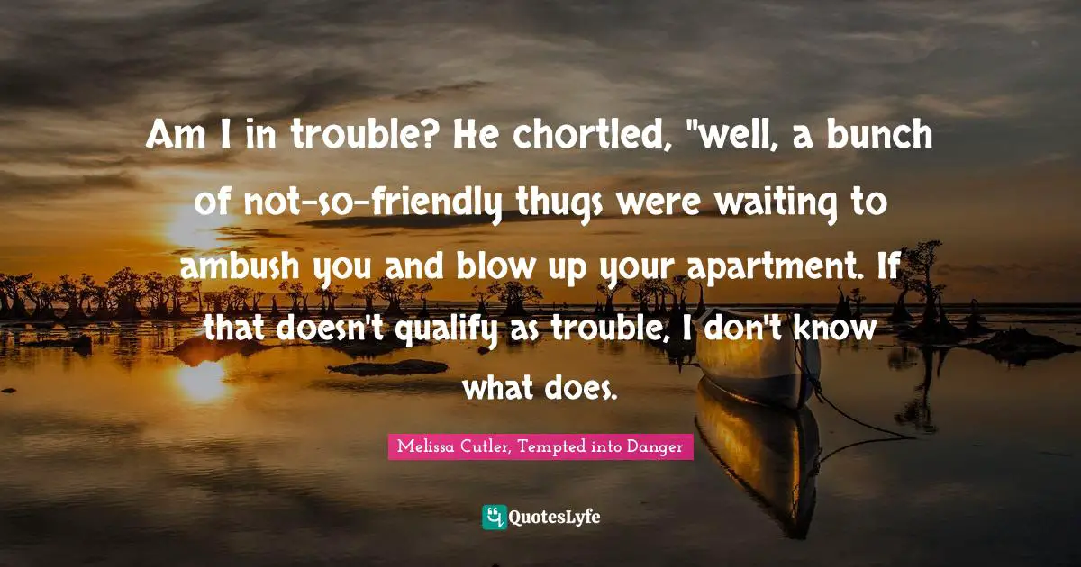 Am I in trouble? He chortled, "well, a bunch of not-so-friendly thugs were waiting to ambush you and blow up your apartment. If that doesn't qualify as trouble, I don't know what does.
