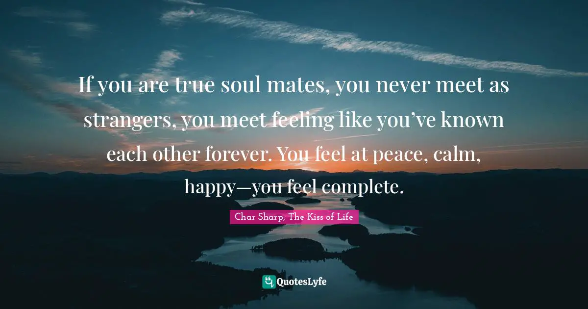 If you are true soul mates, you never meet as strangers, you meet feeling like you’ve known each other forever. You feel at peace, calm, happy—you feel complete.