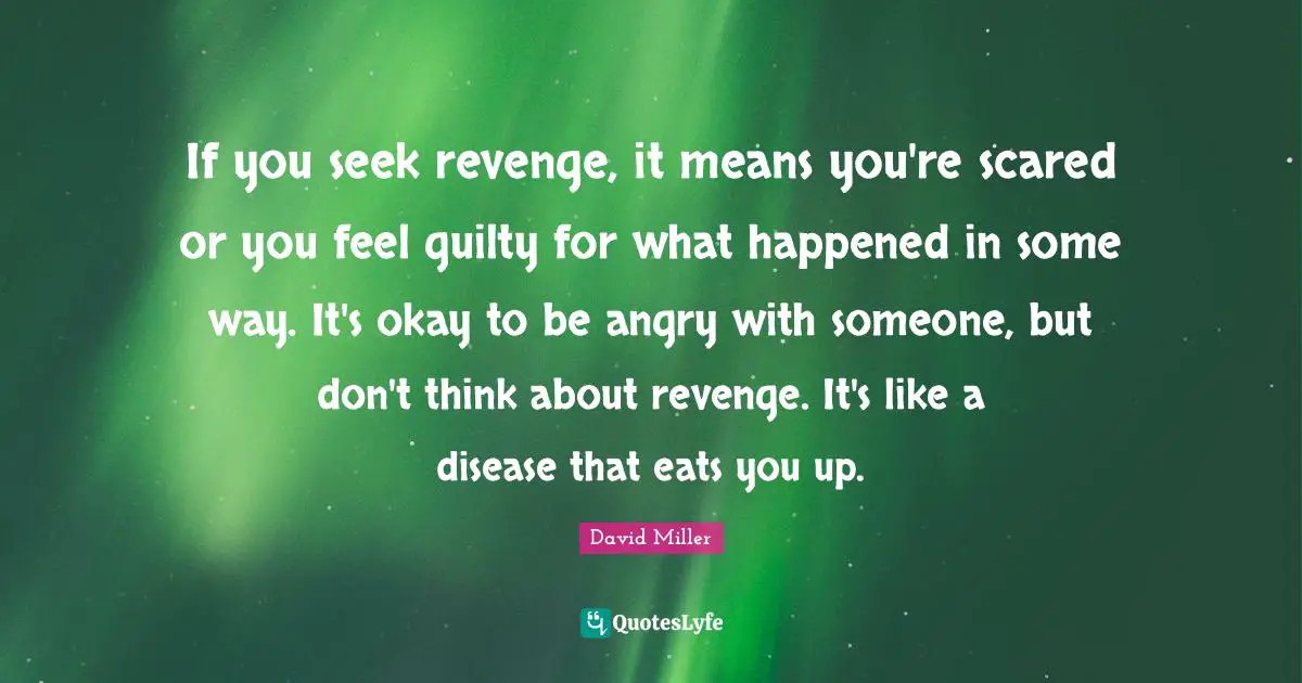 If you seek revenge, it means you're scared or you feel guilty for what happened in some way. It's okay to be angry with someone, but don't think about revenge. It's like a disease that eats you up.