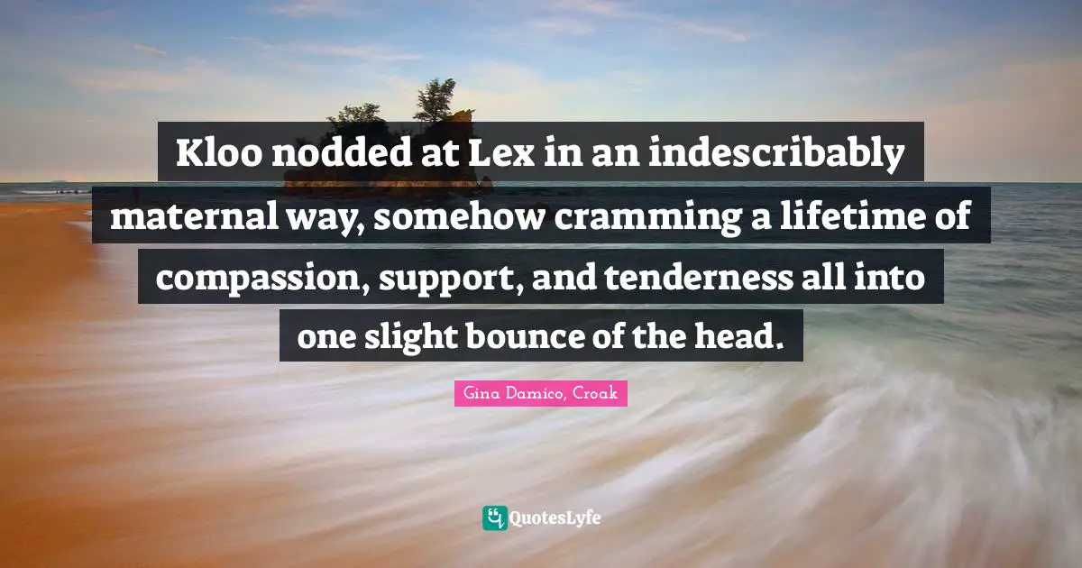 Kloo nodded at Lex in an indescribably maternal way, somehow cramming a lifetime of compassion, support, and tenderness all into one slight bounce of the head.